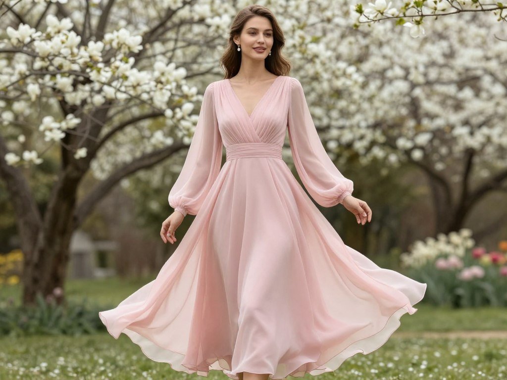 blush pink chiffon long sleeve dress for spring garden wedding