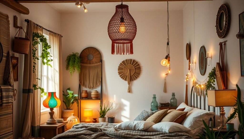 bohemian bedroom with eclectic lighting mix