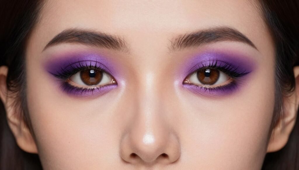 bold colorful wedding makeup with purple eyeshadow on brown eyes