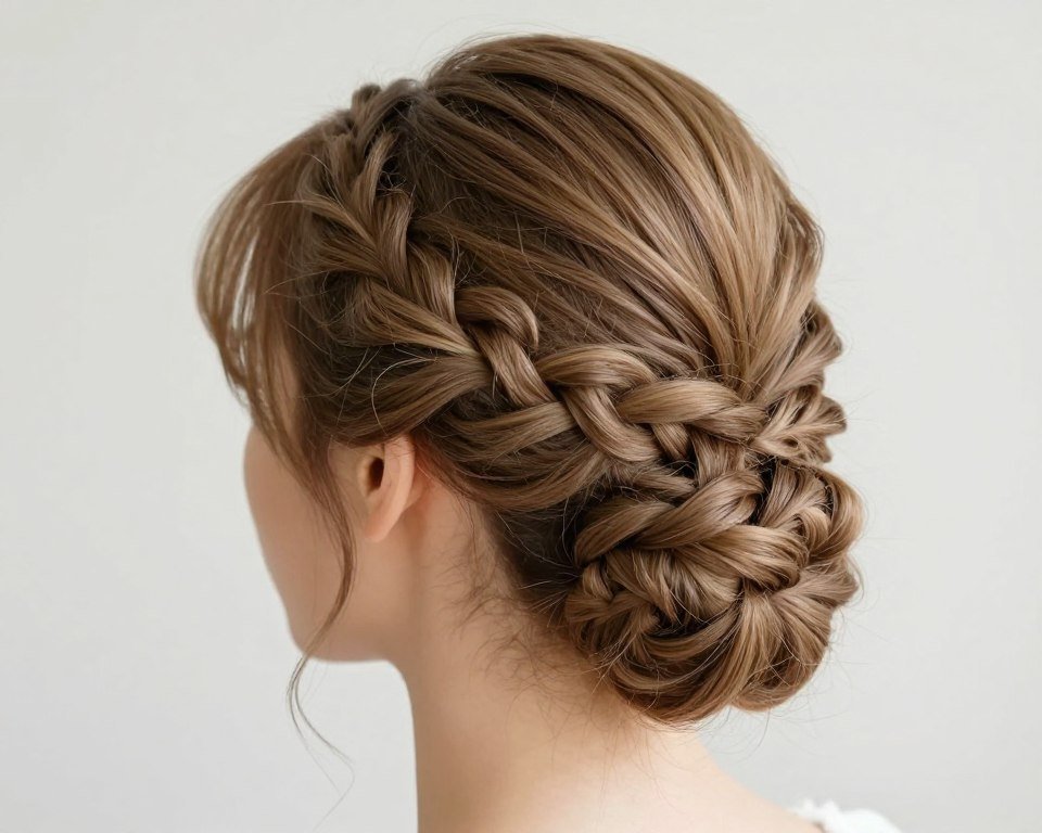 braided chignon updo for wedding guest long hair