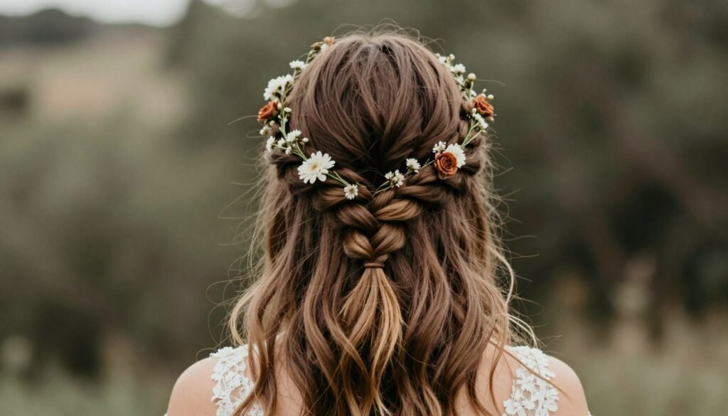 braided crown half up wedding guest hairstyle long hair
