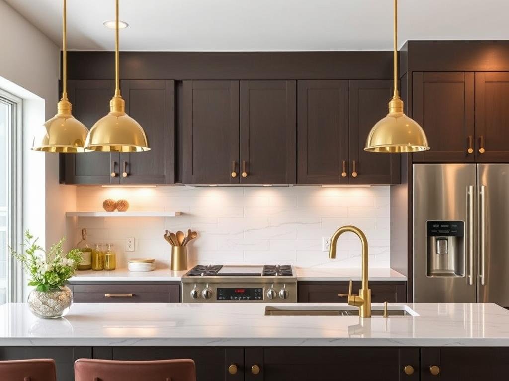 brass kitchen lighting coordinated with hardware