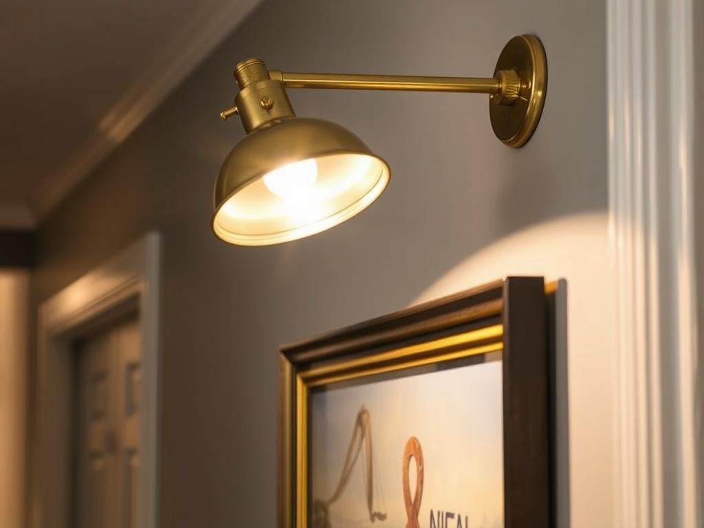 brass picture light illuminating framed artwork in hallway