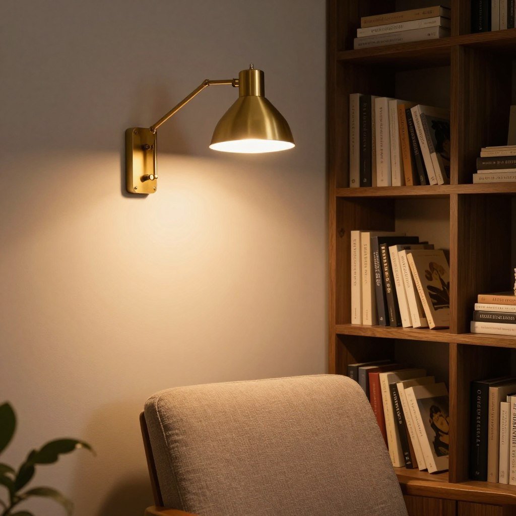 brass swing-arm wall sconce in reading nook brass swing-arm wall sconce in reading nook