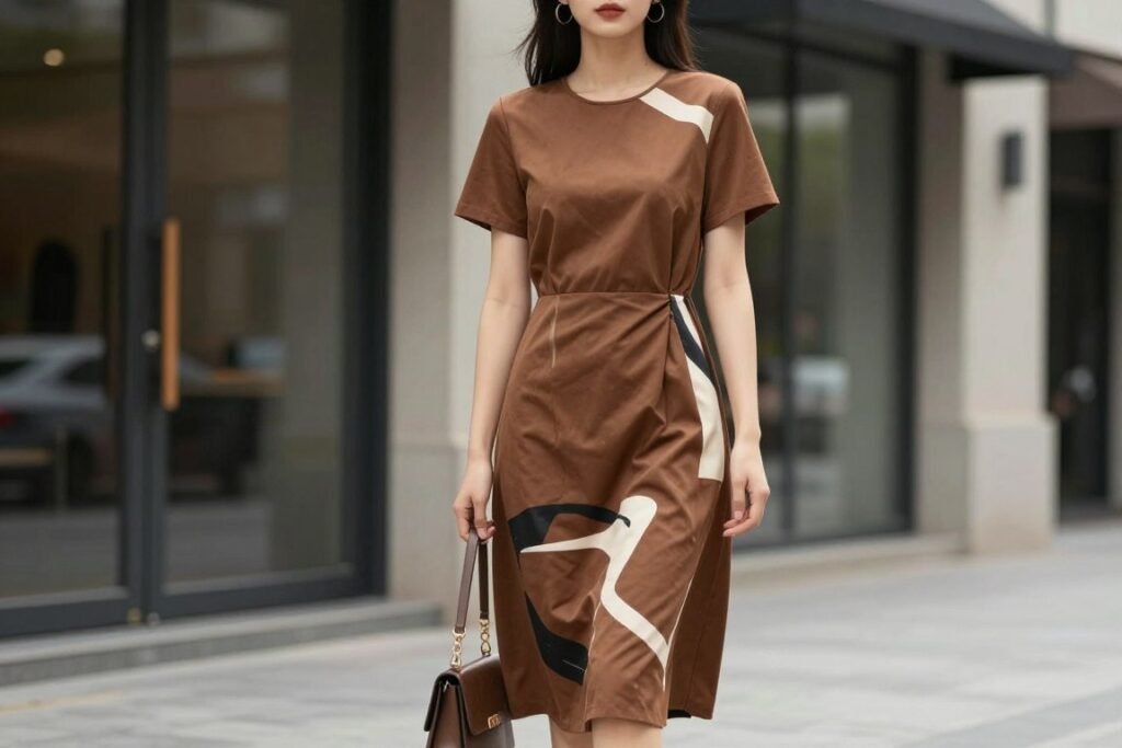 brown abstract print midi dress