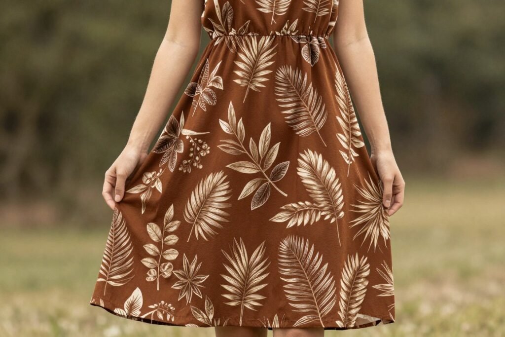 brown botanical print midi dress