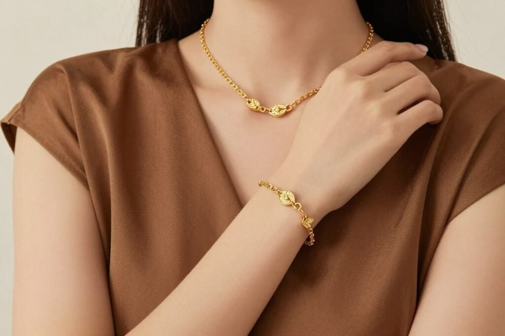 brown dress styled with gold jewelry