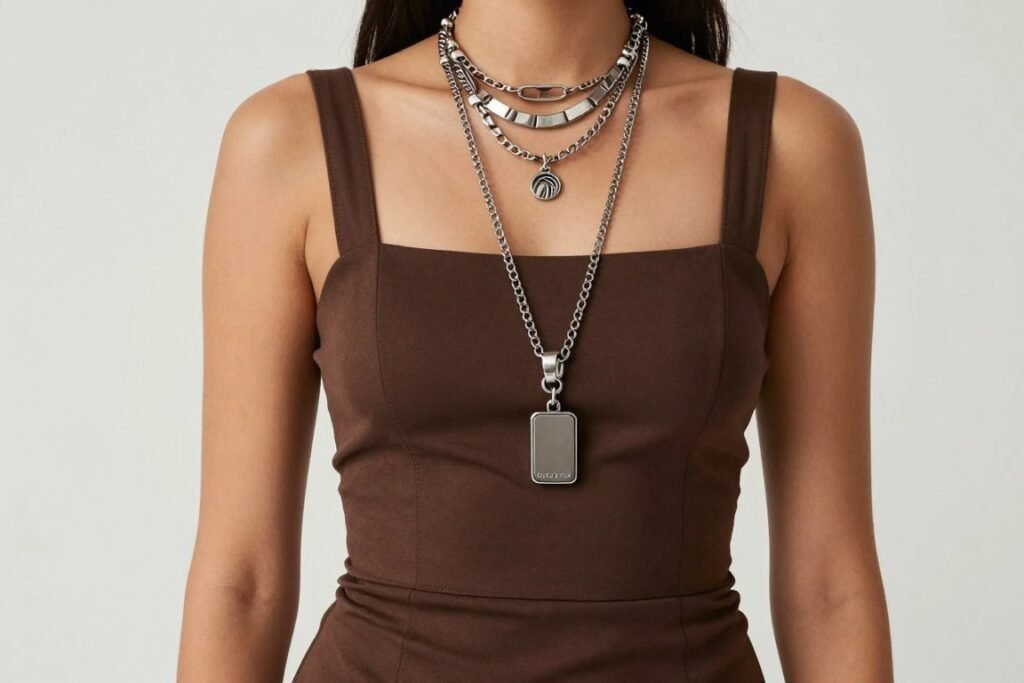 brown dress with mixed metal accessories