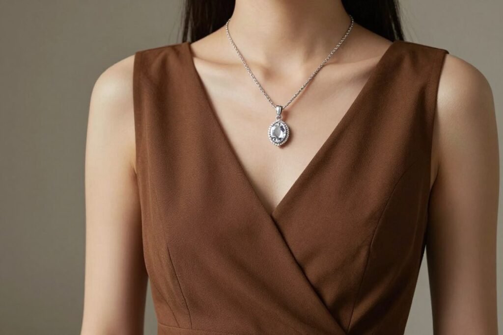 brown dress with silver jewelry styling