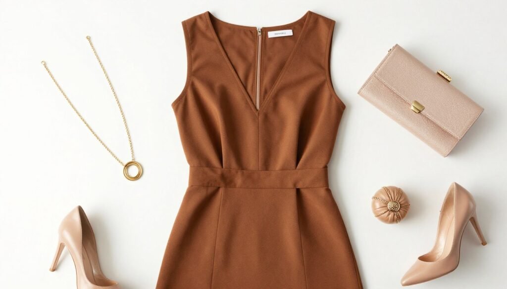 brown dress with wedding guest accessories laid out