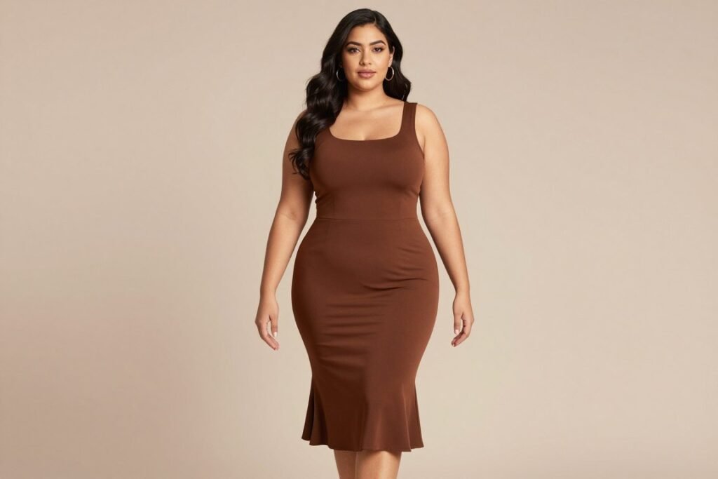 brown fit and flare dress for curves