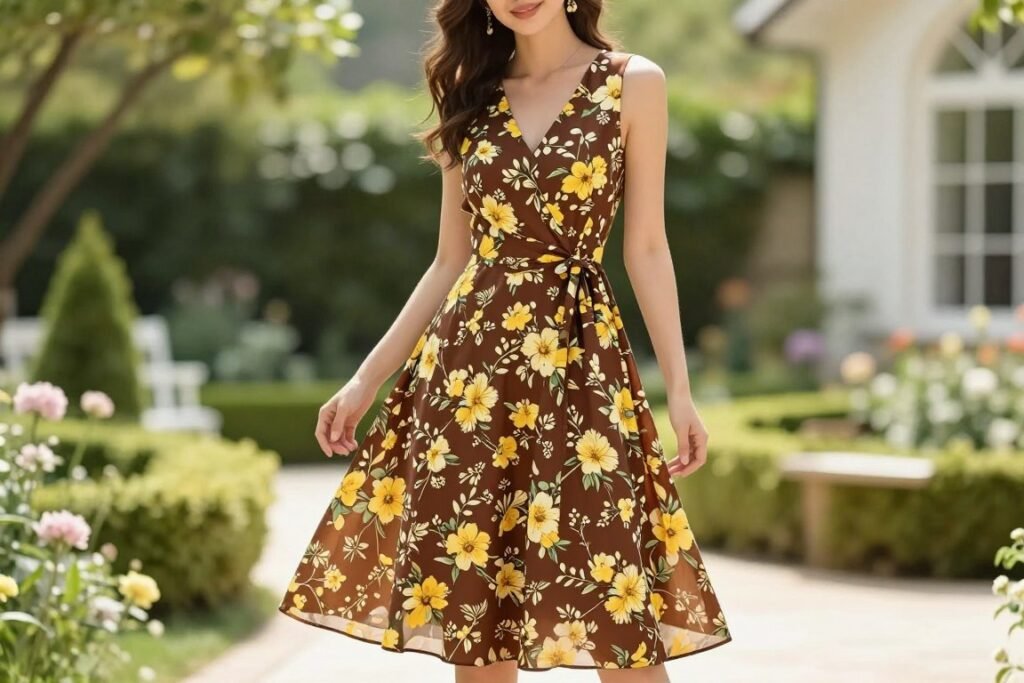 brown floral midi dress for spring wedding