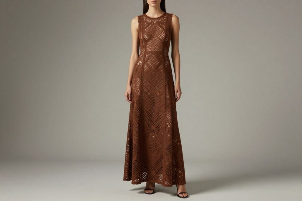 brown geometric lace maxi dress