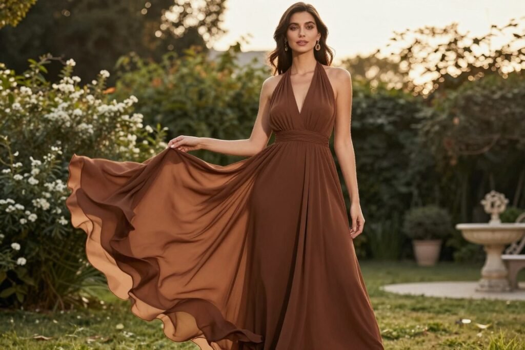 brown halter maxi dress for wedding guest