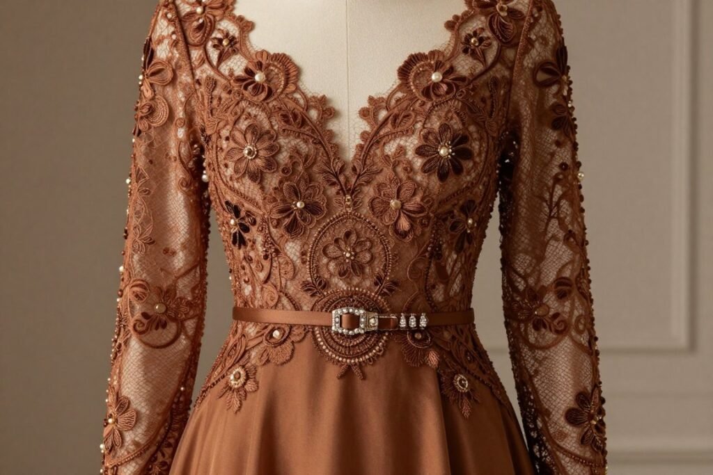 brown lace overlay semi-formal dress