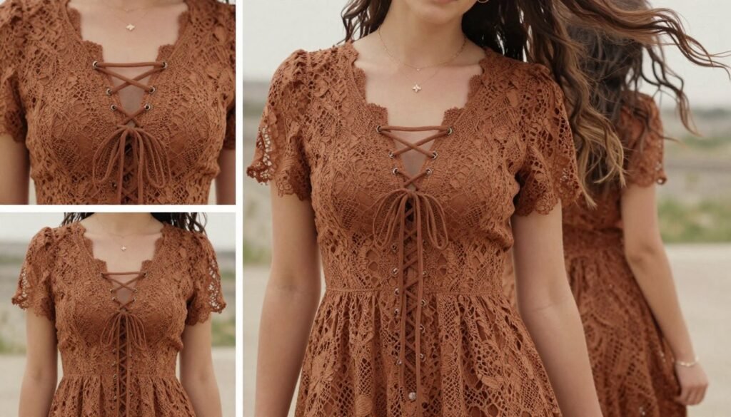 brown lace-up midi dress for wedding guest