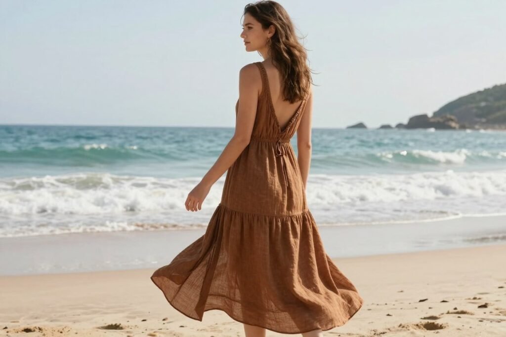 brown linen blend dress for summer wedding