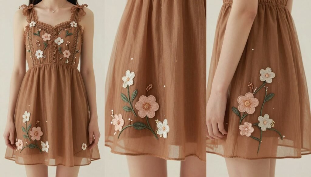 brown mini dress with floral embellishments
