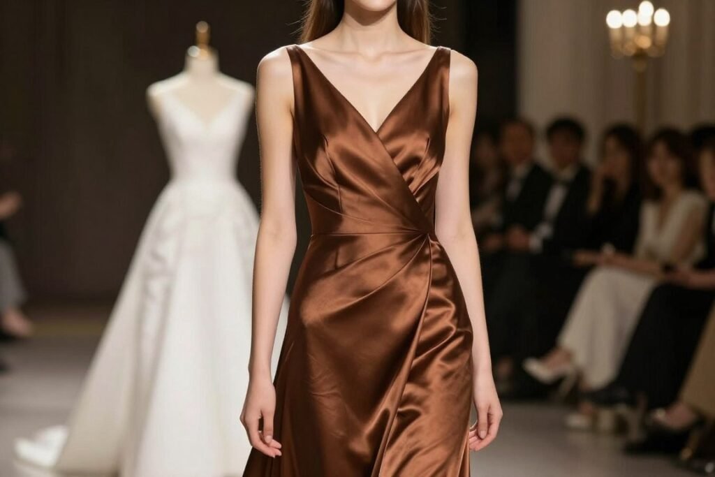 brown satin dress for winter evening wedding