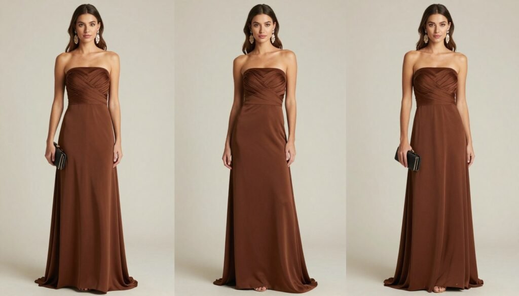 brown strapless maxi dress wedding guest styling