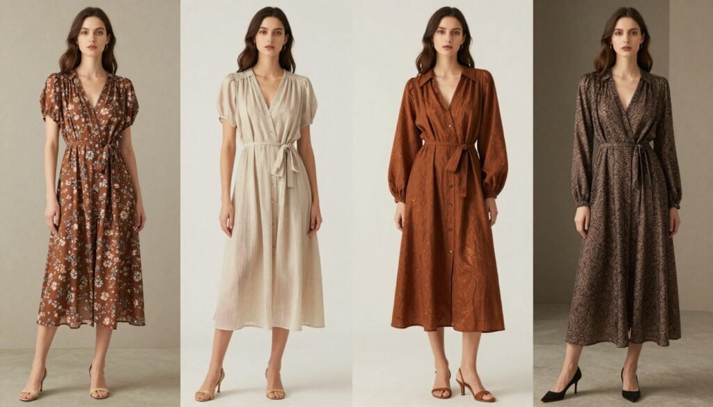 brown wedding guest dresses styled for four seasons