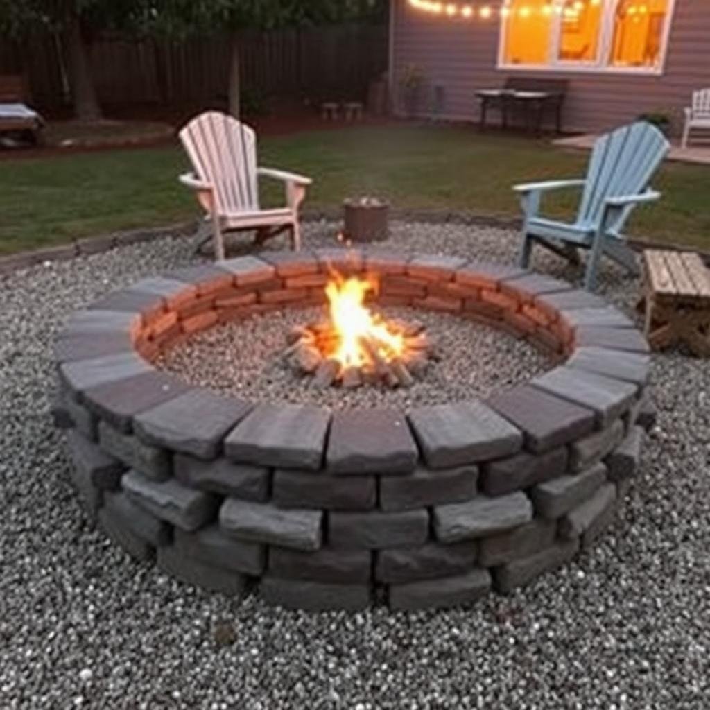 budget DIY stone fire pit in backyard with seating