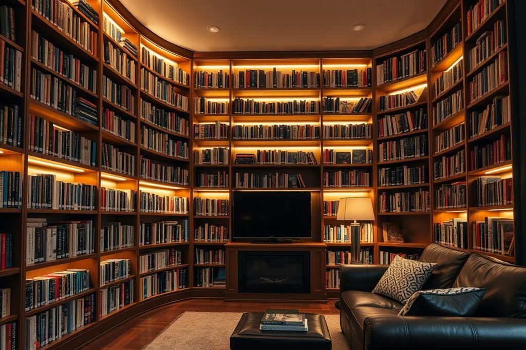 built-in bookshelf with LED strip lighting on each shelf creating library atmosphere built-in bookshelf with LED strip lighting on each shelf creating library atmosphere