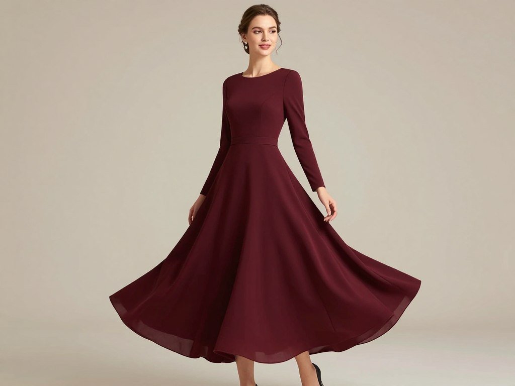 burgundy fit and flare long sleeve dress with full skirt