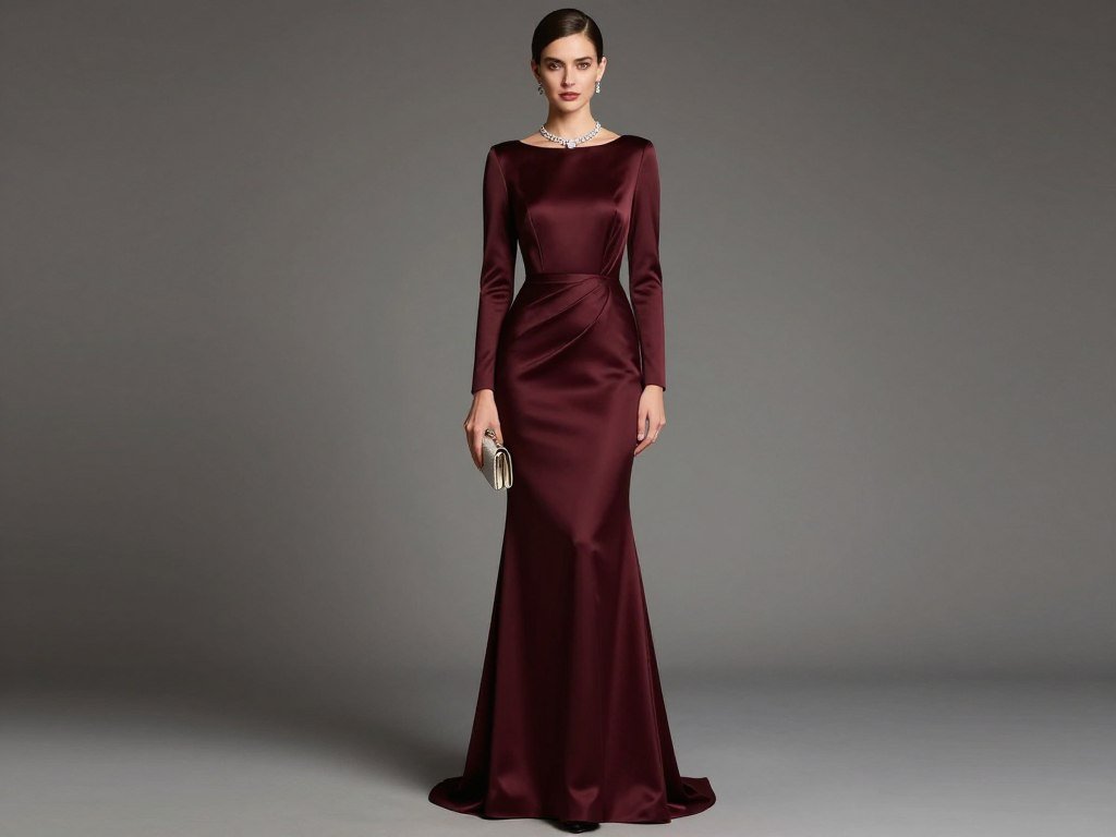 burgundy formal gown with long sleeves for fall wedding