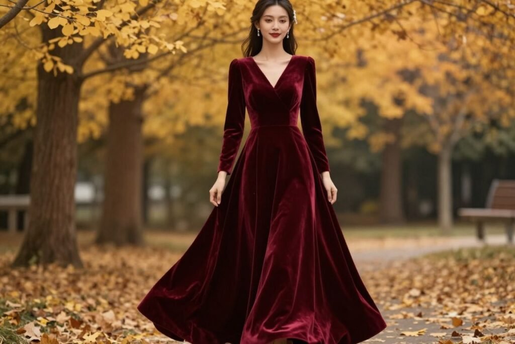 burgundy velvet long sleeve wedding guest dress for fall wedding