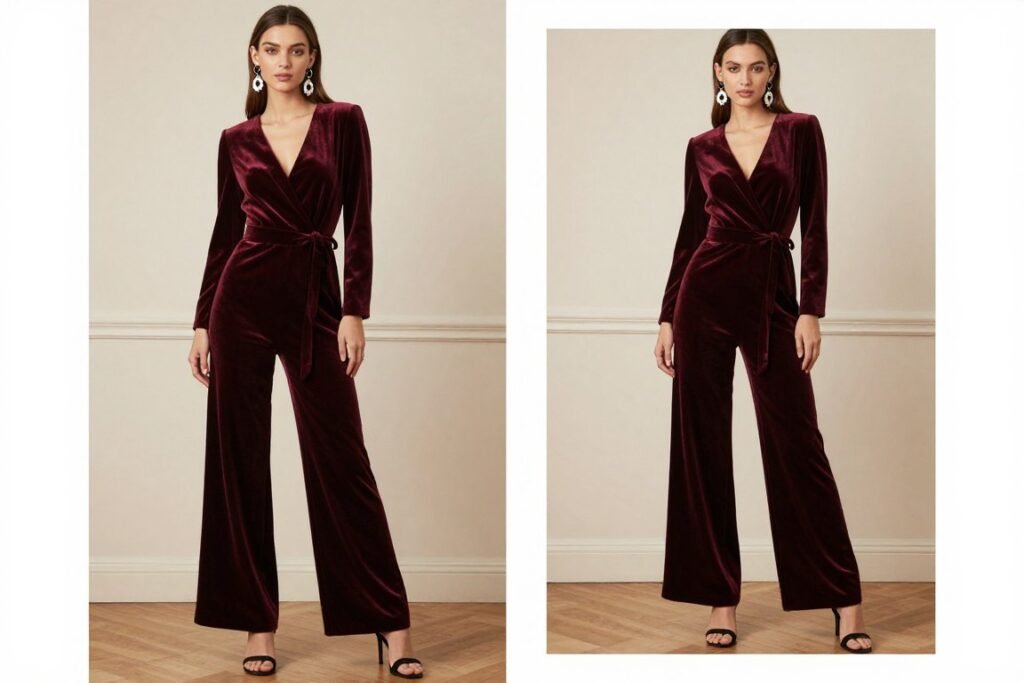 burgundy velvet wide-leg jumpsuit for autumn wedding guest
