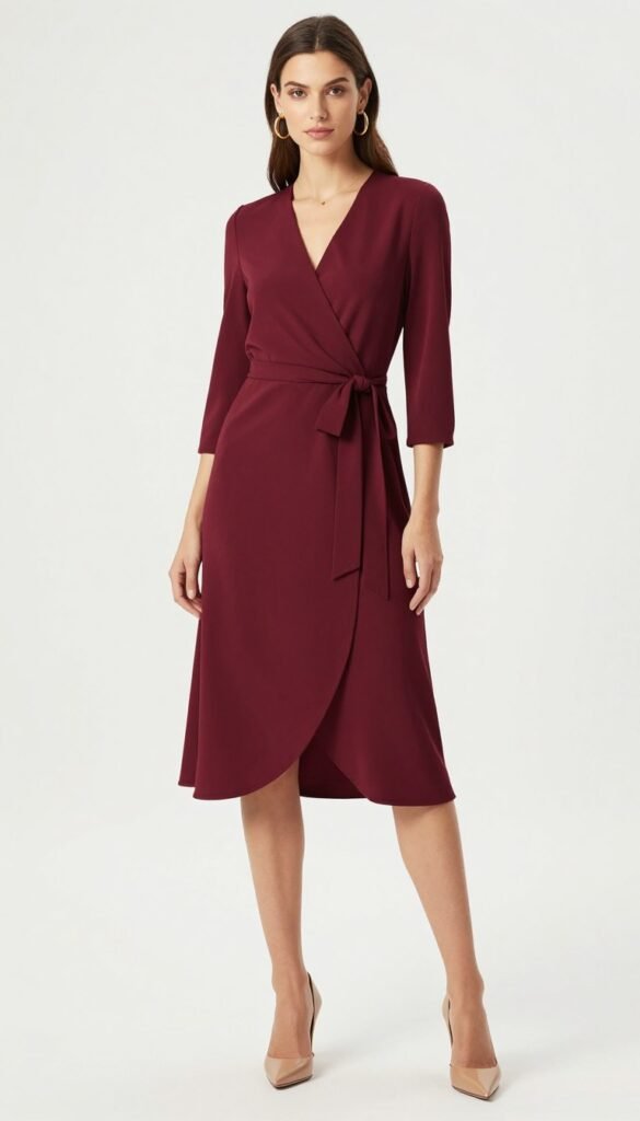 burgundy wrap midi dress styled for autumn wedding