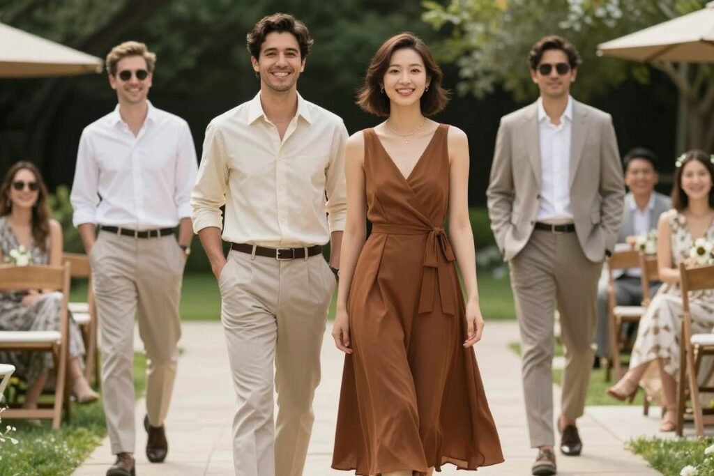 casual brown wedding guest dress outfit