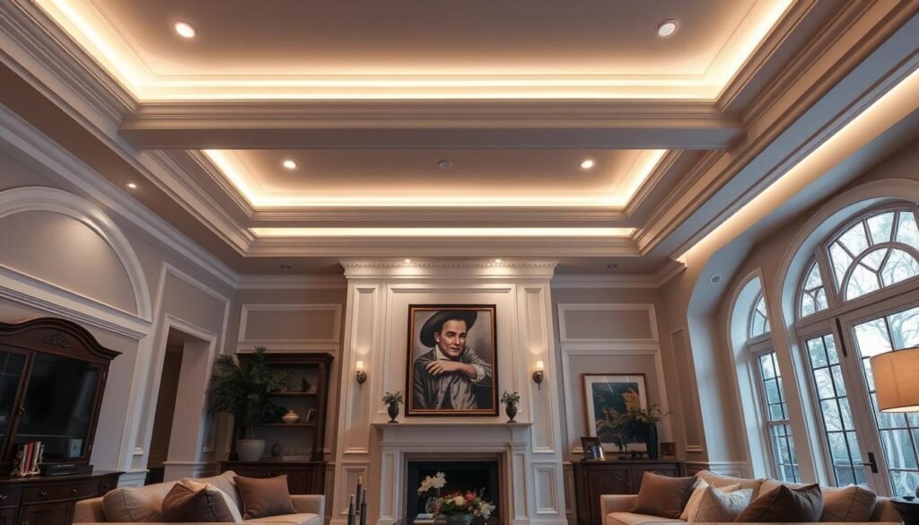 ceiling cove molding with LED strip lighting creating indirect ambient illumination in elegant living room ceiling cove molding with LED strip lighting creating indirect ambient illumination in elegant living room