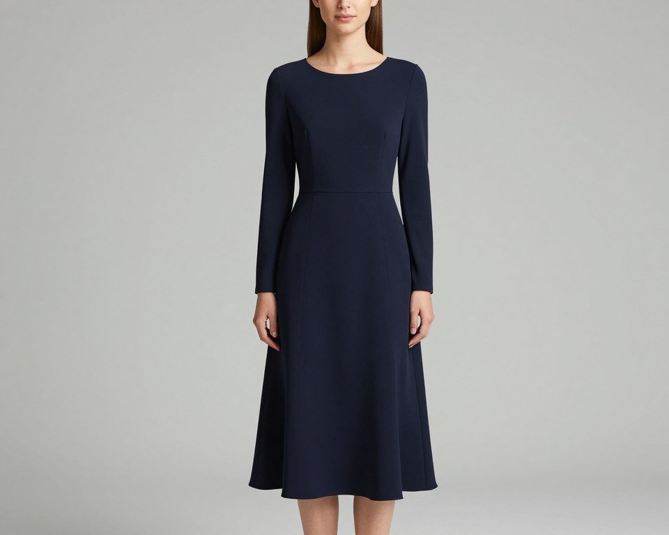 classic A-line long sleeve wedding guest dress in navy