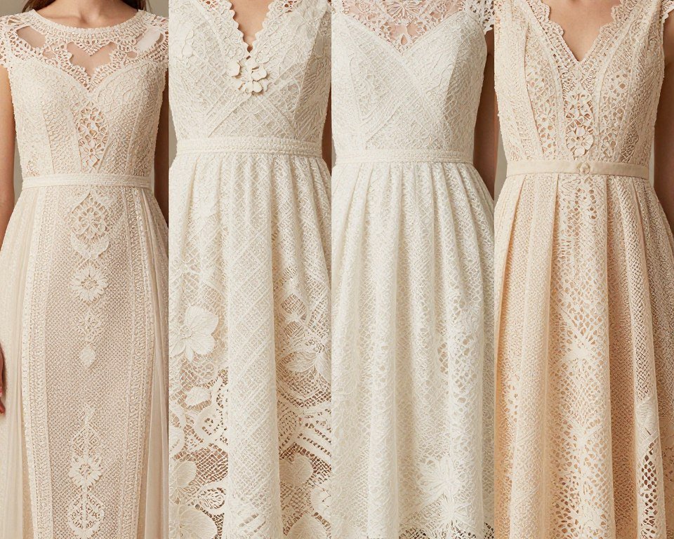 close-up details of various lace patterns on midi dresses