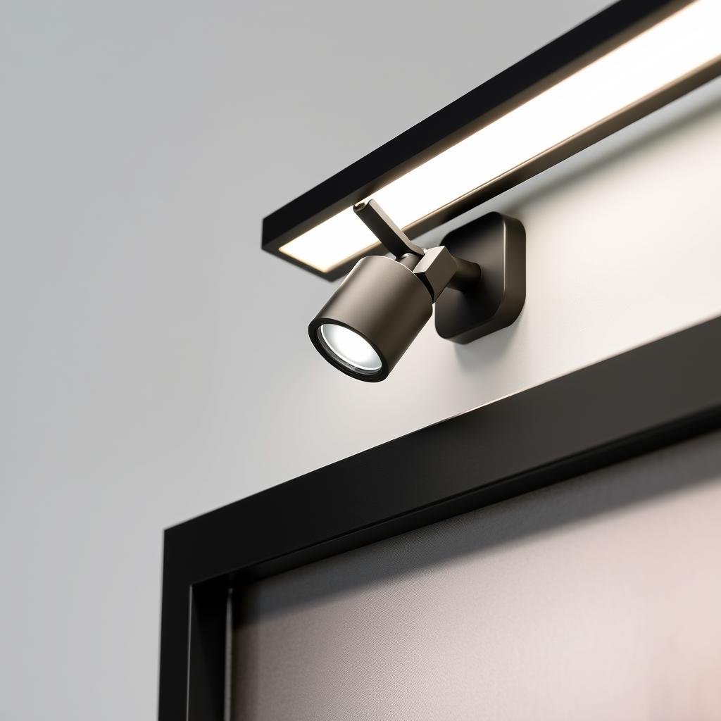 close-up of modern LED picture light mounted above frame