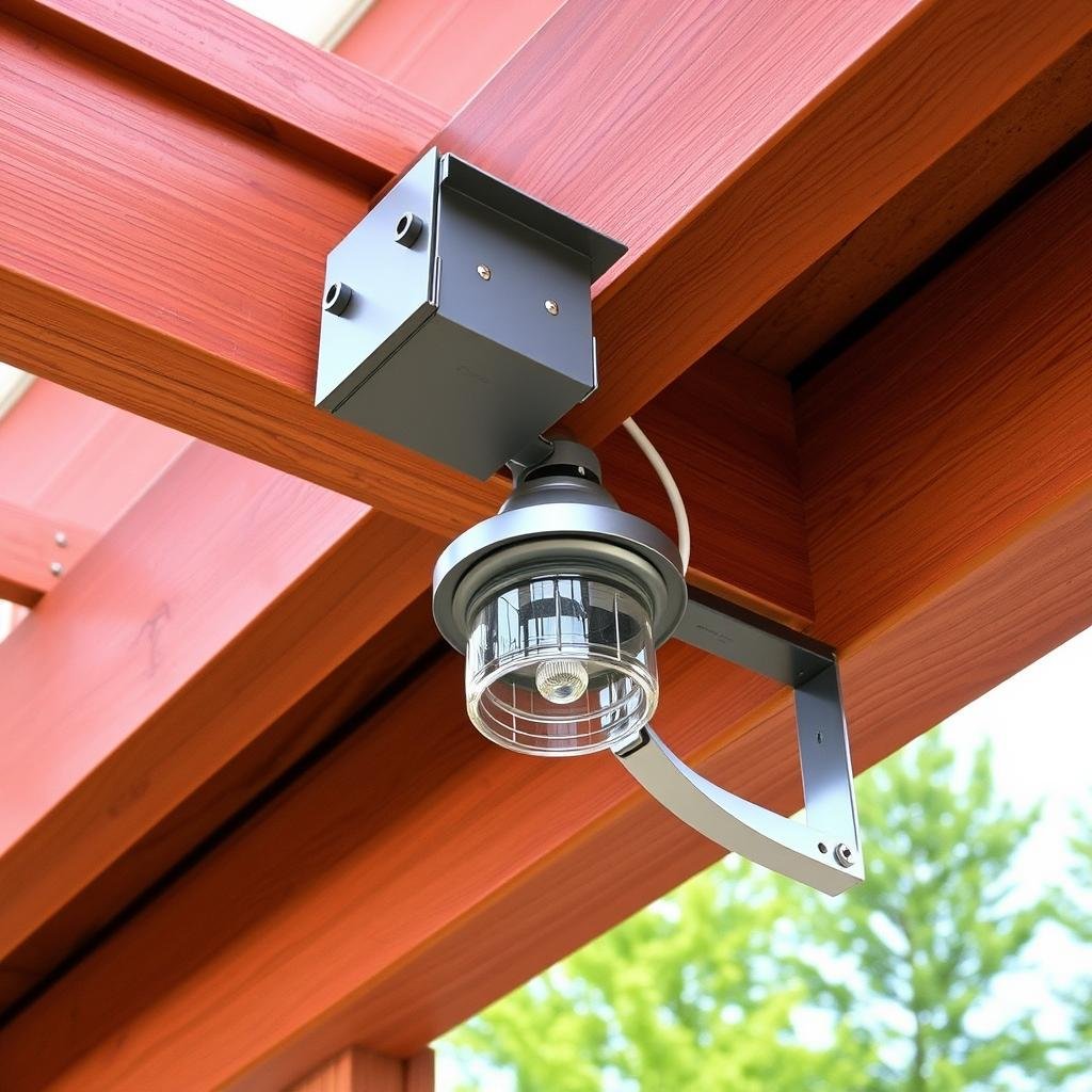 close up of pergola beam with lighting hardware
