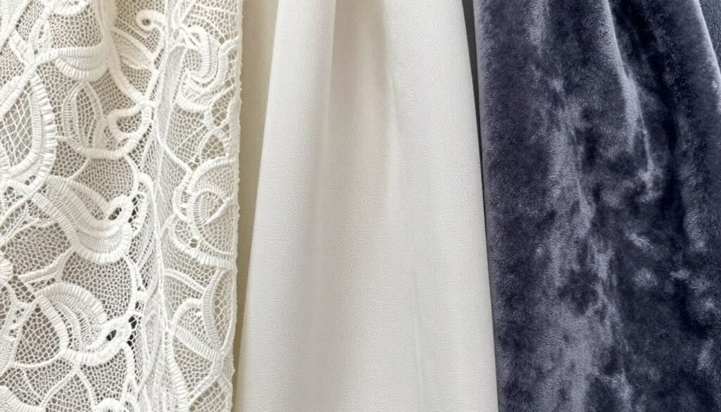 close up texture comparison of lace chiffon and velvet dress fabrics