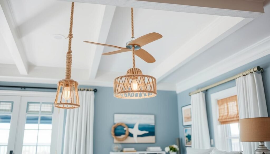 coastal bedroom with beach-inspired lighting