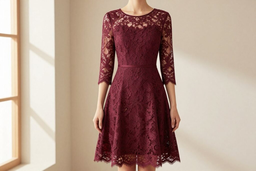 cocktail length wedding guest dress in burgundy lace