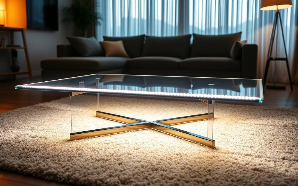 coffee table with LED strip lights underneath creating ambient floor glow coffee table with LED strip lights underneath creating ambient floor glow