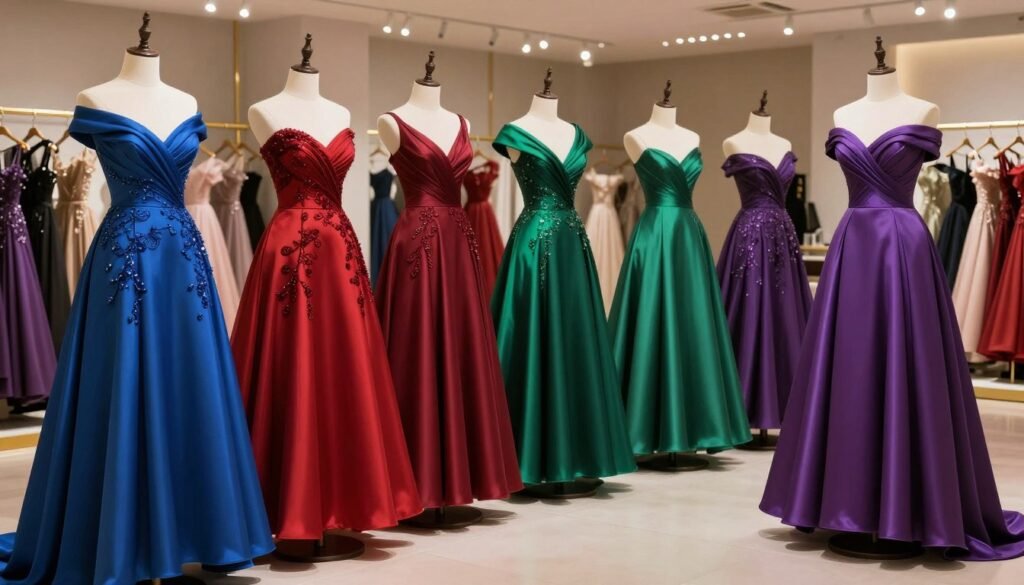 collection of ball gowns in various jewel tones