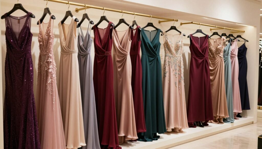collection of black tie wedding guest dress options displayed elegantly