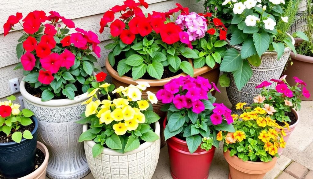 collection of colorful container plants arranged on small patio