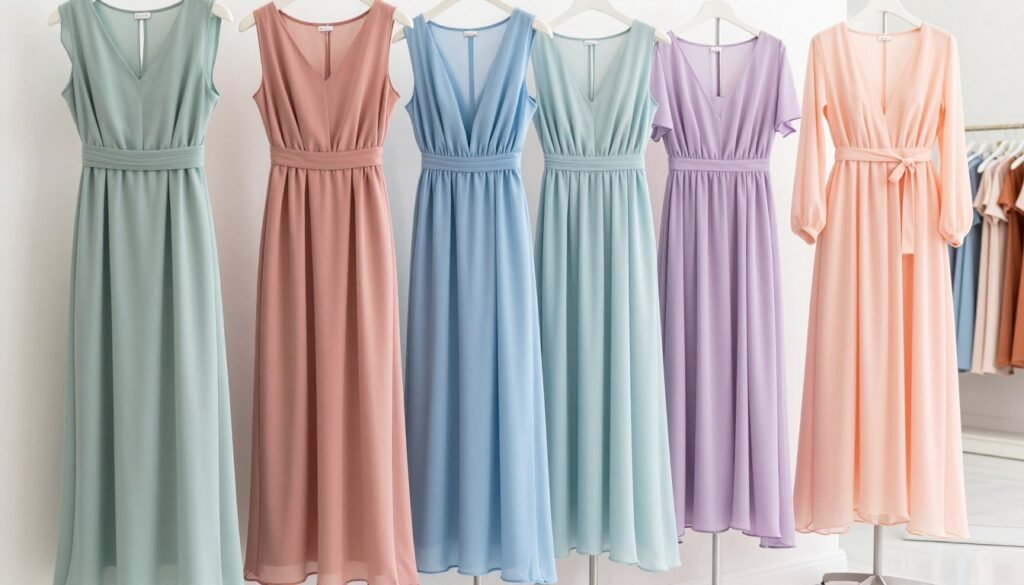 collection of flowing maxi dresses in pastel colors