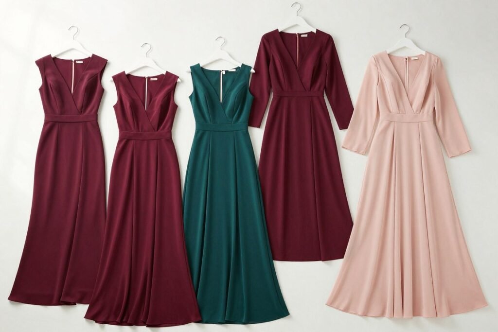 collection of long sleeve wedding guest dresses in different seasonal colors
