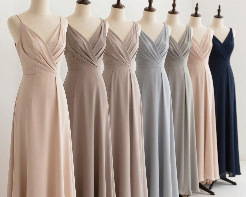 collection of neutral formal dresses in various shades