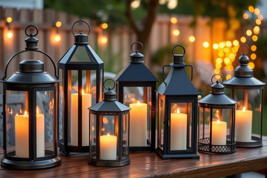 collection of outdoor lanterns on patio table creating cozy atmosphere collection of outdoor lanterns on patio table creating cozy atmosphere