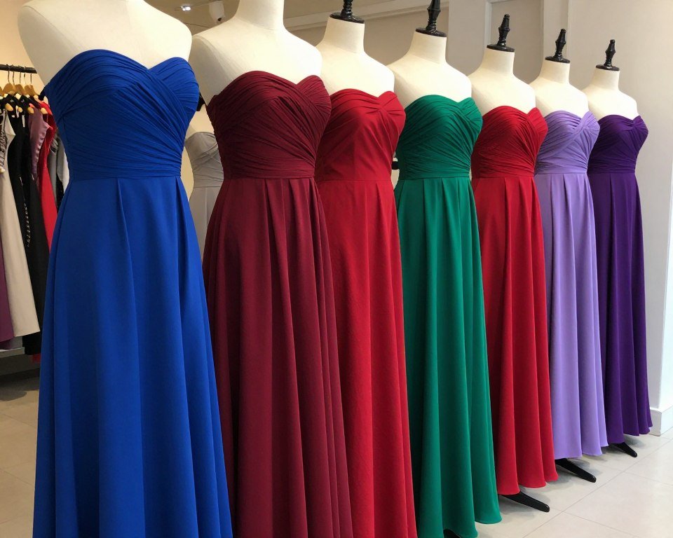 collection of strapless maxi dresses in jewel tones